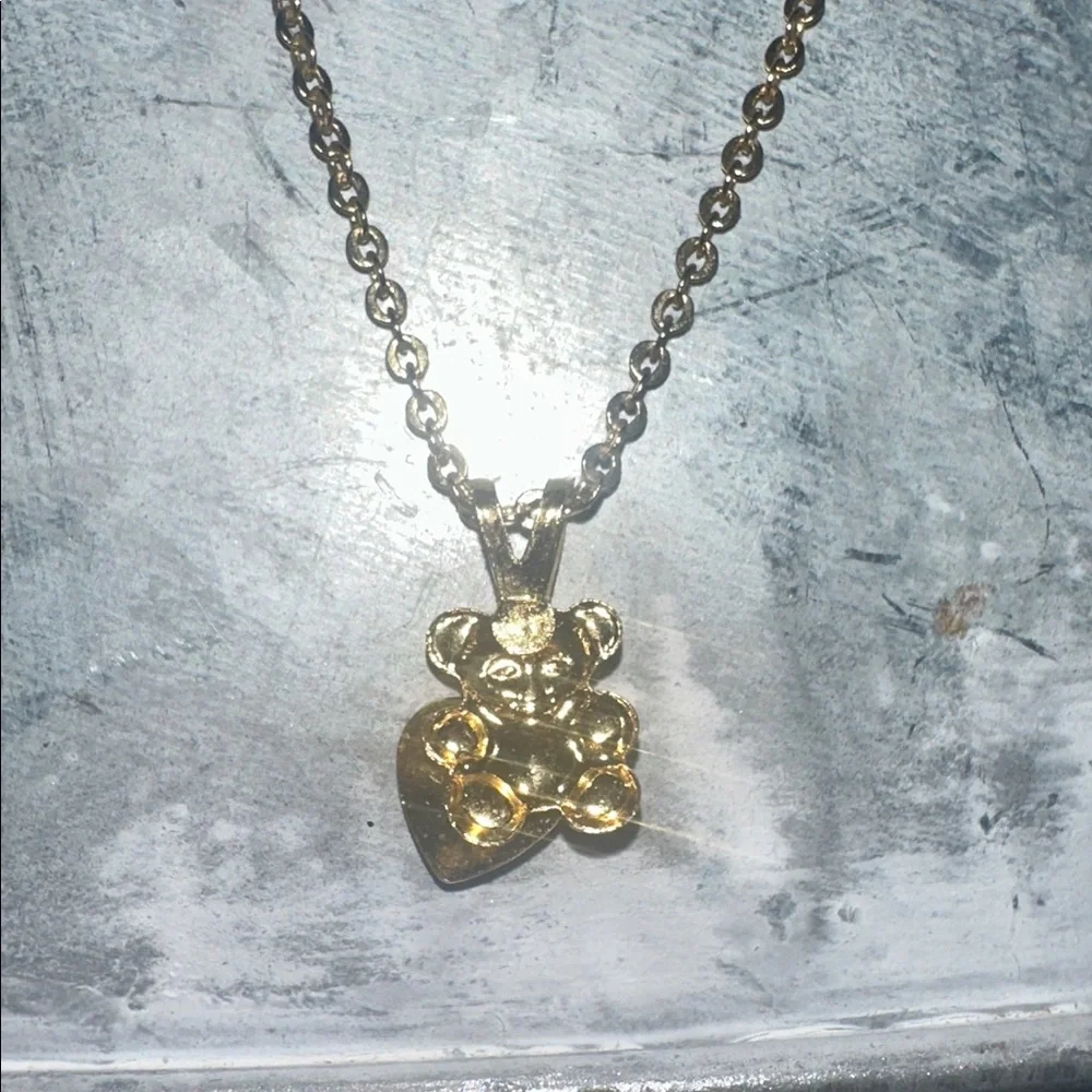Teddy Bear Initial M Gold Tone Necklace with Adjustable Teddy Bear Ring